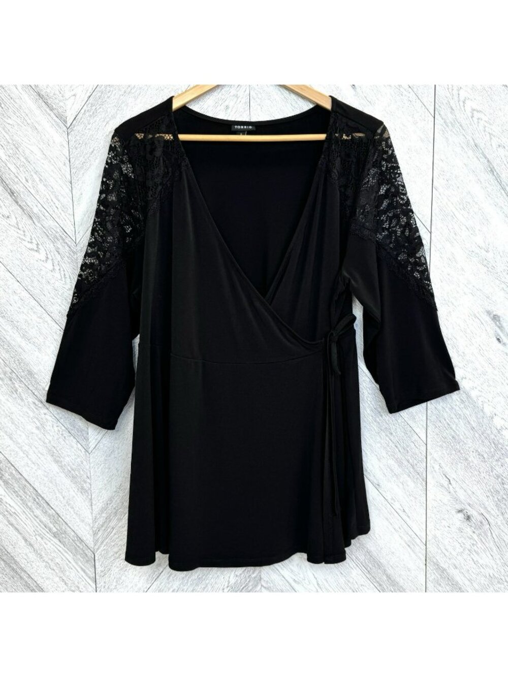 Torrid Wrap Blouse Top Black Lace V-Neck 3/4 Sleeve Womens Plus Size 3X